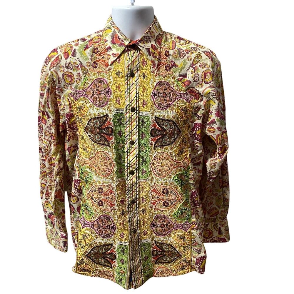 Robert Graham Size Small Orange Multi Color Print Cotton Long Sleeve Shirt